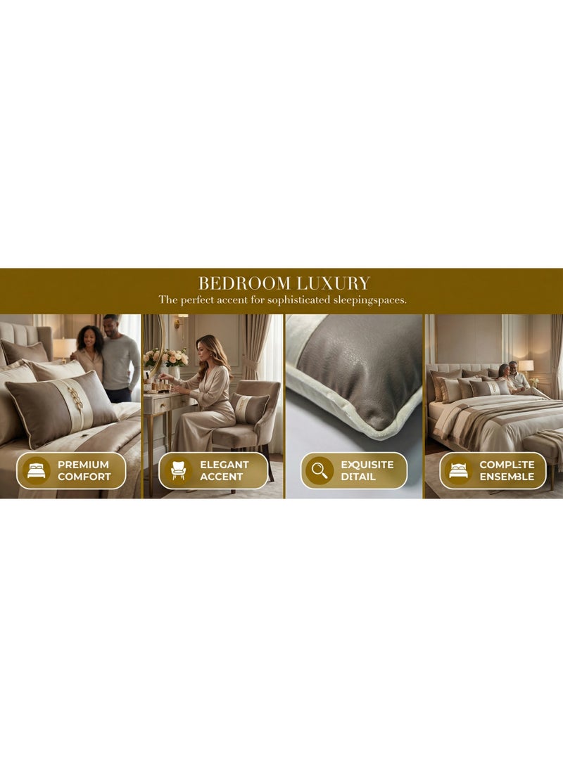 Set of 2 Elegant Faux Leather Pillow Cover | 30x50cm Brown with White Satin Stripe & Gold Chain Detail | Decorative Throw Pillow for Sofa, Bed - Image 3