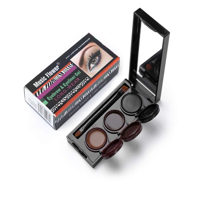 Music Flower 3 in 1 Eyebrow Gel and Eyeliner Waterproof Smudgeproof Long Wear BlackBrown with Brush