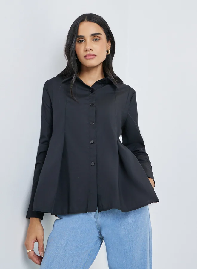 Styli Styli Flared Box Pleat Shirt with Long Sleeves