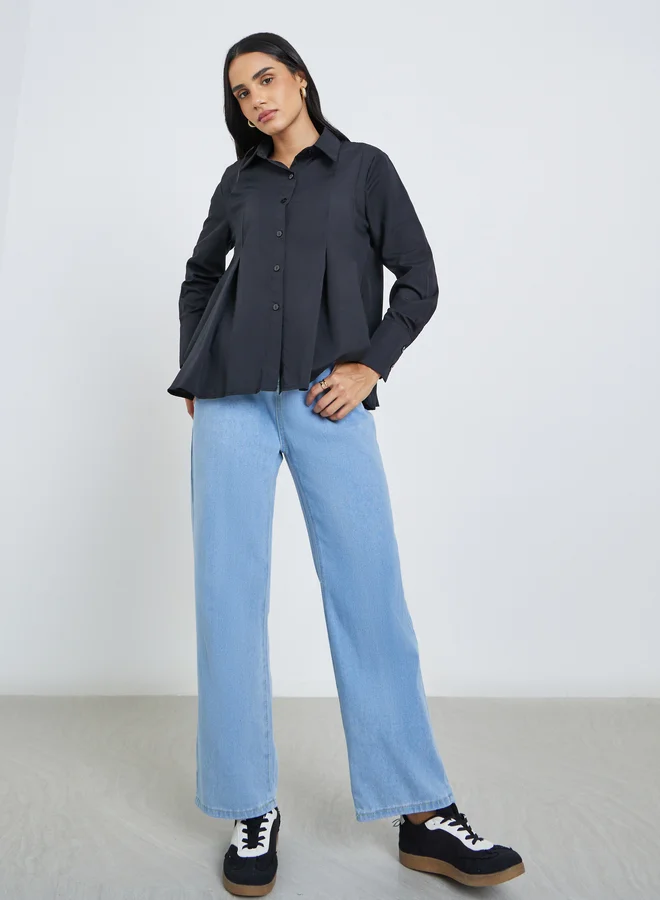 Styli Styli Flared Box Pleat Shirt with Long Sleeves