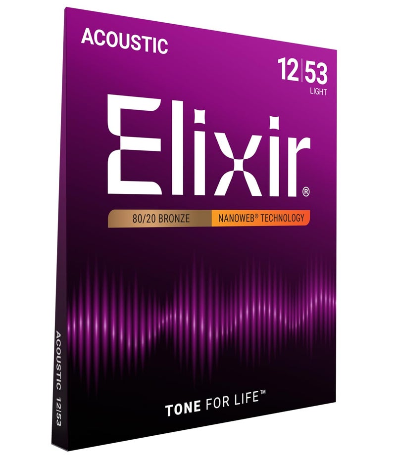 ELIXIR أوتار إليكسير، أوتار جيتار أكوستيك، برونز 80/20 بتقنية NANOWEB، نغمة ساطعة ومركزة تدوم طويلاً مع شعور مريح، مجموعة 6 أوتار، خفيفة 12-53 - Image 1