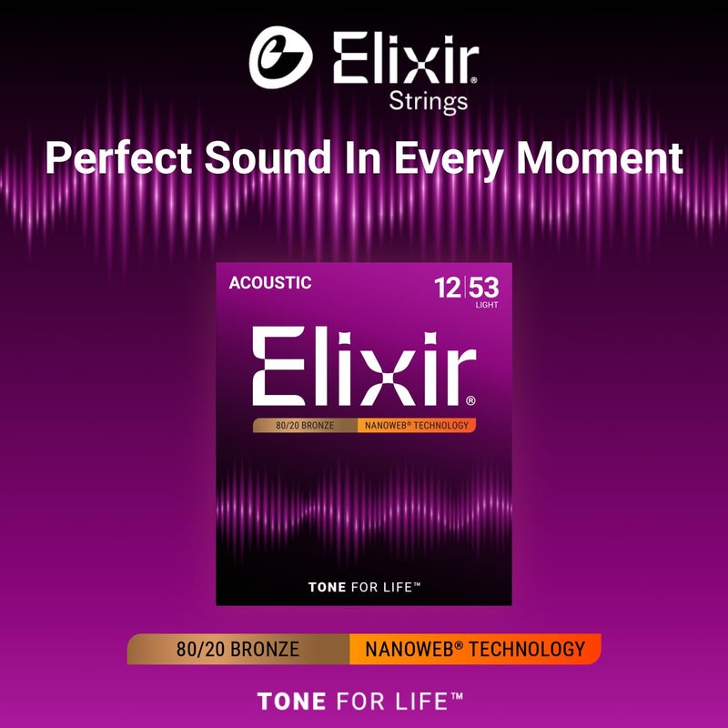 ELIXIR أوتار إليكسير، أوتار جيتار أكوستيك، برونز 80/20 بتقنية NANOWEB، نغمة ساطعة ومركزة تدوم طويلاً مع شعور مريح، مجموعة 6 أوتار، خفيفة 12-53 - Image 2