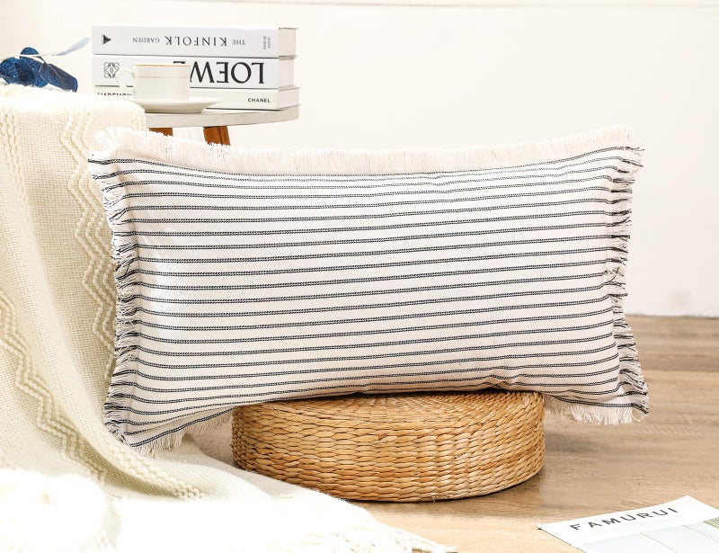 PANOD Decorative Boho Long Lumbar Pillow Cover 12x26 Super Soft Cotton Modern Long Rectangle Pillow Cover Pillow Case for Bed Sofa Couch Farmhouse Livingroom Black - Image 2