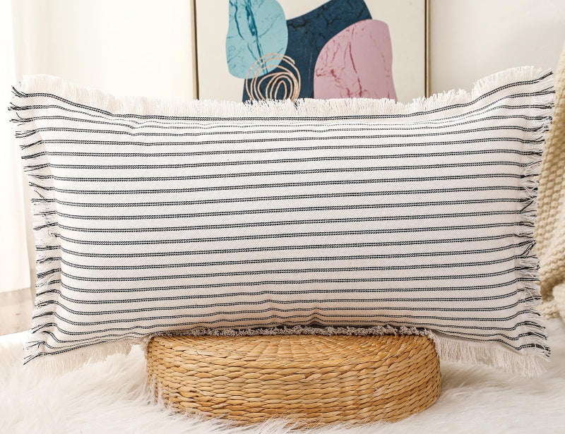 PANOD Decorative Boho Long Lumbar Pillow Cover 12x26 Super Soft Cotton Modern Long Rectangle Pillow Cover Pillow Case for Bed Sofa Couch Farmhouse Livingroom Black - Image 1