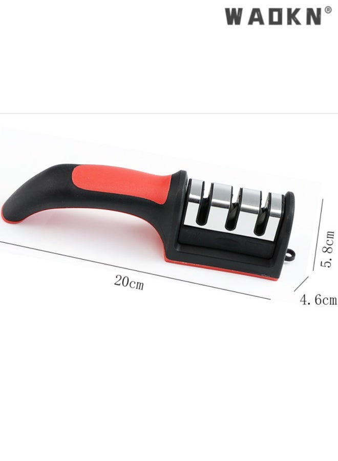 WAOKN 3 in 1 Knife Sharpener with 3 Stages , Handheld Knife Sharpener Helps Repai r, Restore , Polish Blades , Including Straight , Serrated Blades and Scissors , easy to use and clean , 20*5.8*4.6cm , black and red . - Image 2
