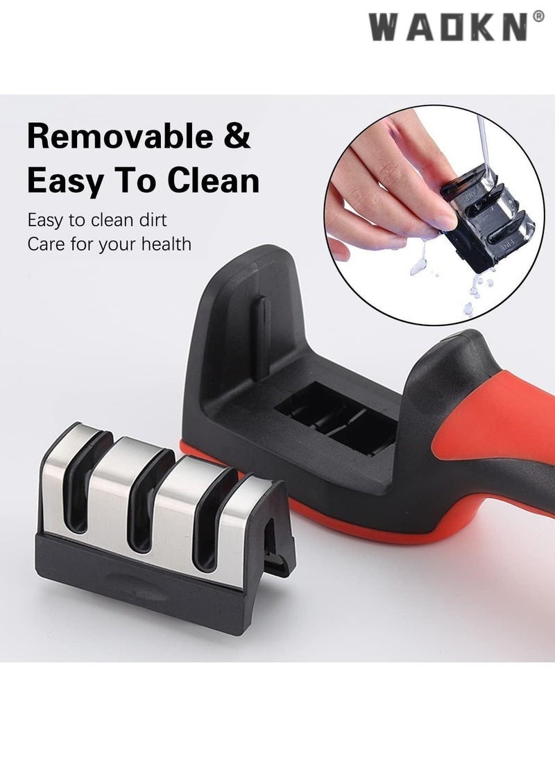 WAOKN 3 in 1 Knife Sharpener with 3 Stages , Handheld Knife Sharpener Helps Repai r, Restore , Polish Blades , Including Straight , Serrated Blades and Scissors , easy to use and clean , 20*5.8*4.6cm , black and red . - Image 5
