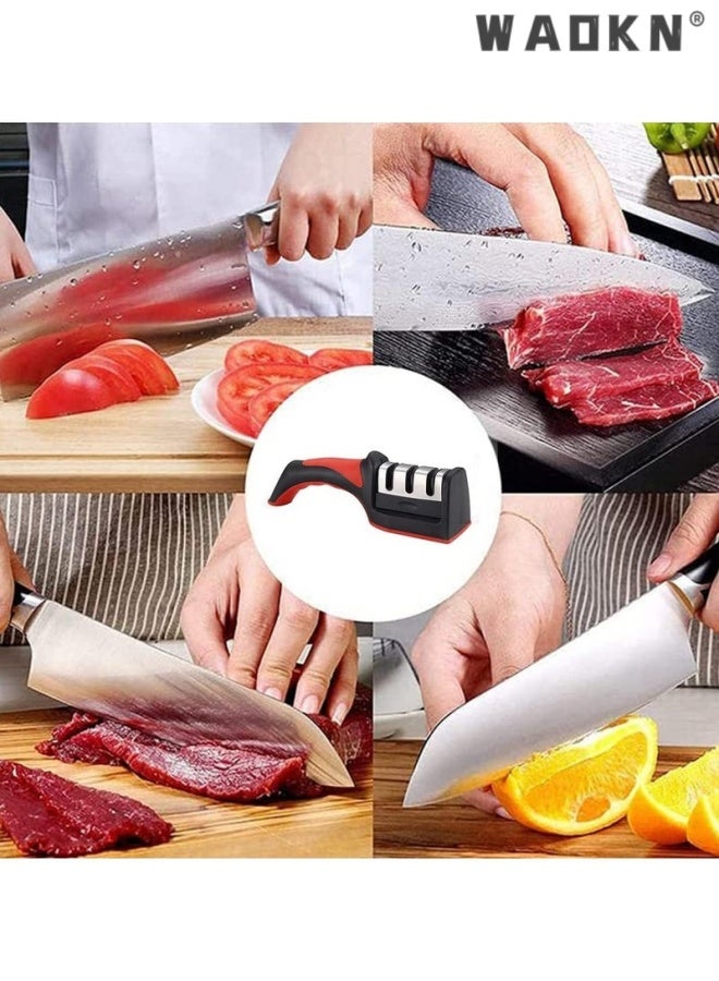 WAOKN 3 in 1 Knife Sharpener with 3 Stages , Handheld Knife Sharpener Helps Repai r, Restore , Polish Blades , Including Straight , Serrated Blades and Scissors , easy to use and clean , 20*5.8*4.6cm , black and red . - Image 3