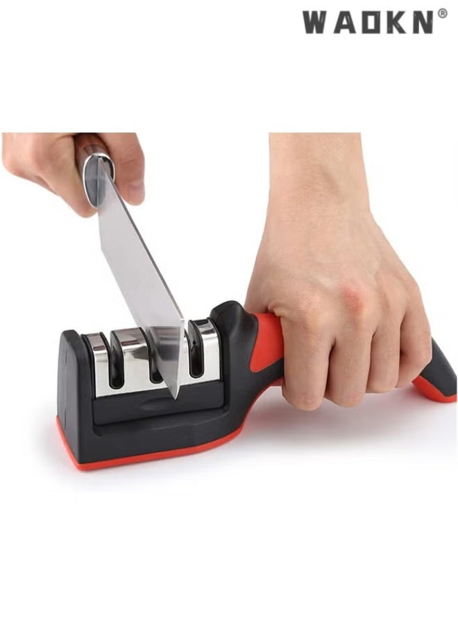 WAOKN 3 in 1 Knife Sharpener with 3 Stages , Handheld Knife Sharpener Helps Repai r, Restore , Polish Blades , Including Straight , Serrated Blades and Scissors , easy to use and clean , 20*5.8*4.6cm , black and red . - Image 1
