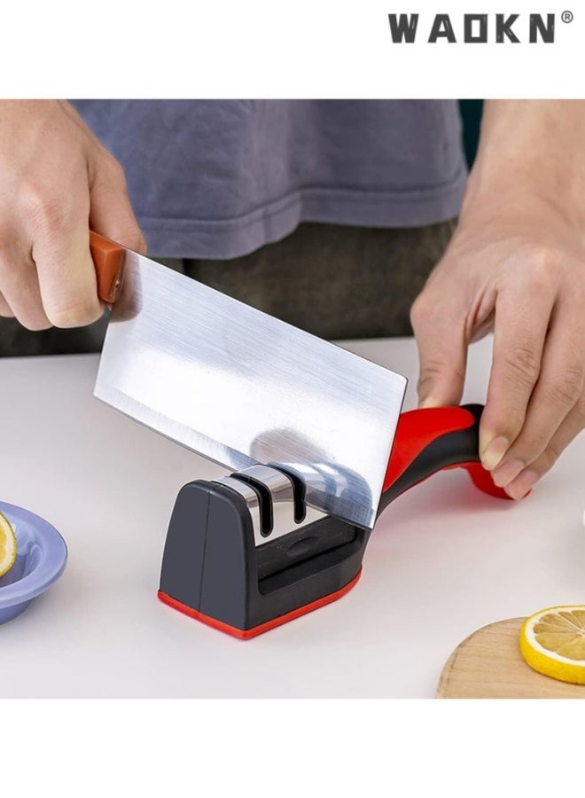 WAOKN 3 in 1 Knife Sharpener with 3 Stages , Handheld Knife Sharpener Helps Repai r, Restore , Polish Blades , Including Straight , Serrated Blades and Scissors , easy to use and clean , 20*5.8*4.6cm , black and red . - Image 4