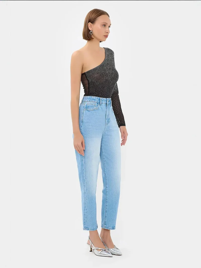 Hiccup Black Stone-Embellished One-Shoulder Mesh Bodysuit for Women | Best Price UAE