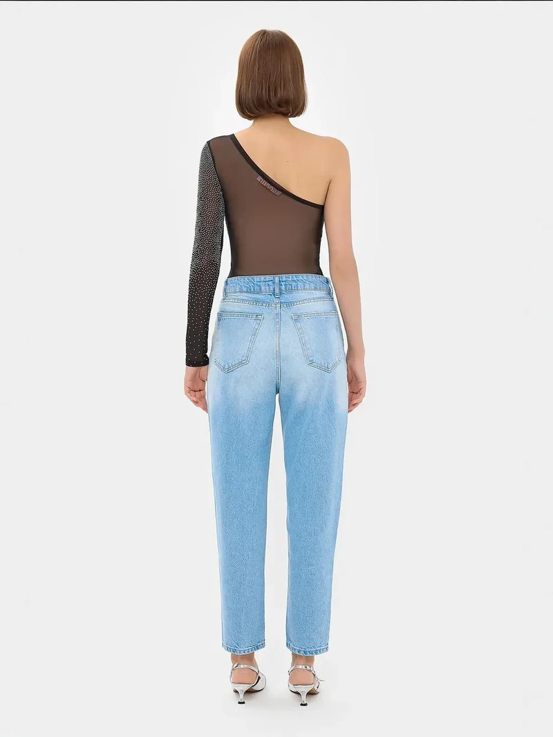 Hiccup Black Stone-Embellished One-Shoulder Mesh Bodysuit for Women | Best Price UAE
