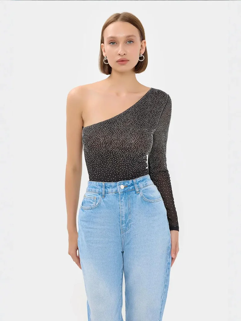 HICCUP Stone-Embellished One-Shoulder Mesh Bodysuit