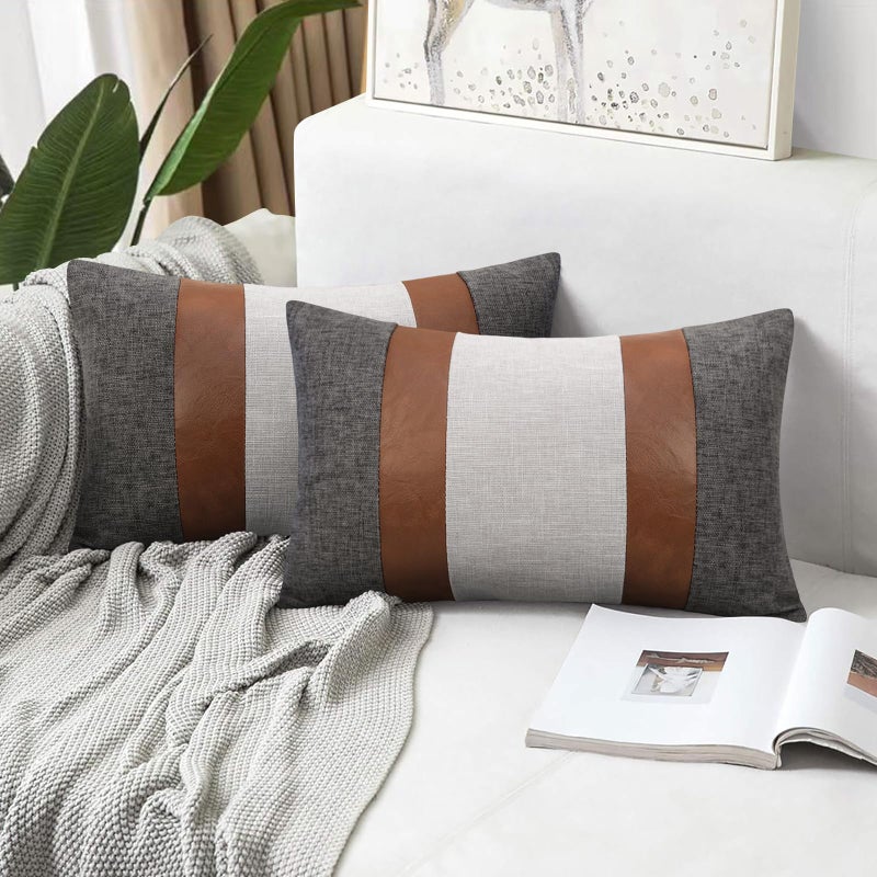 Merrycolor Faux Leather Throw Lumbar Pillow Covers 12 x 20 Inch Modern Farmhouse Pillow Covers Gray and Brown Accent Pillows Decorative Pillows for Couch Sofa Bed  Set of 2 - Image 1