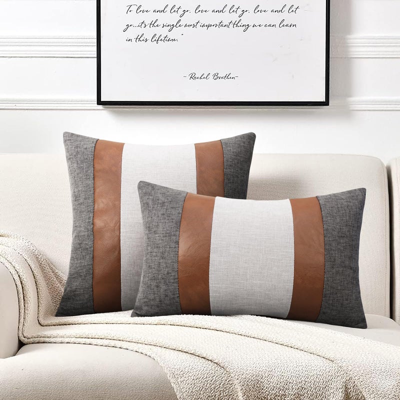 Merrycolor Faux Leather Throw Lumbar Pillow Covers 12 x 20 Inch Modern Farmhouse Pillow Covers Gray and Brown Accent Pillows Decorative Pillows for Couch Sofa Bed  Set of 2 - Image 2