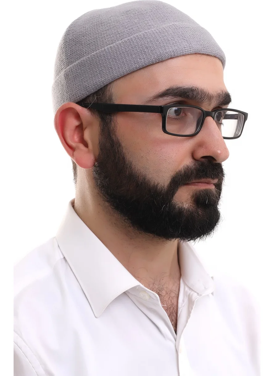 İhvan Light Gray Folded Simple Pattern Winter Orlon Skullcap Hat