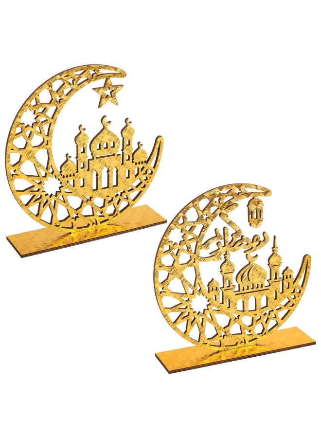 Chielor 2 Pieces Wood Ramadan Decorations Table Sign, Eid Mubarak Kareem Table Sign Moon Hollow Star Ornament for Muslim Party Tabletop Decor Home Art Craft Decoration Golden Moon Tabletop Decor - Image 1