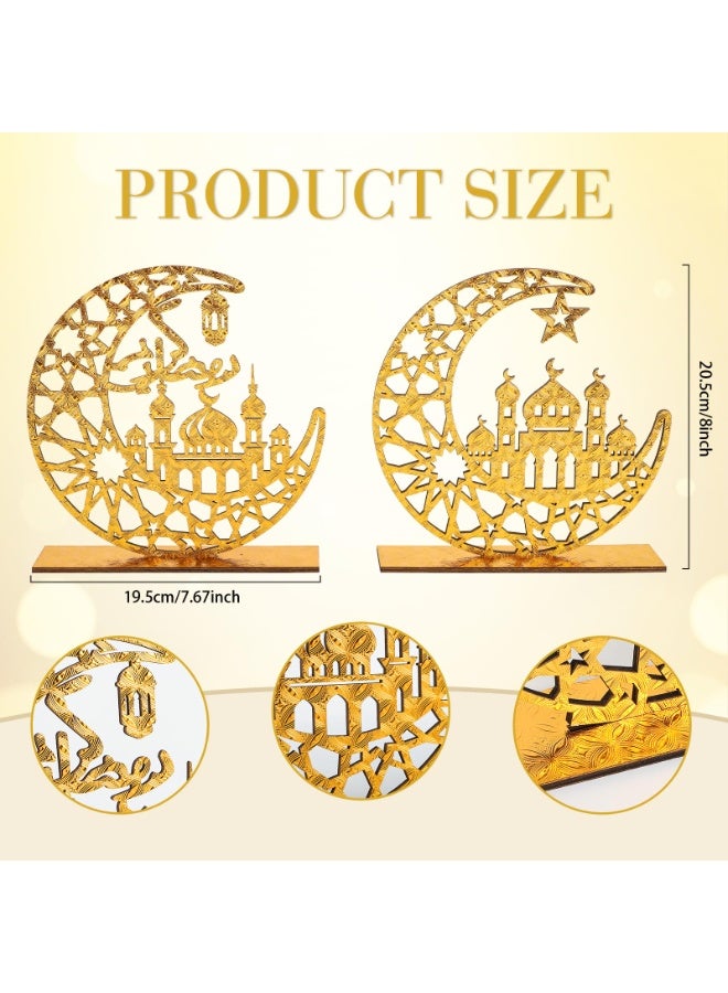 Chielor 2 Pieces Wood Ramadan Decorations Table Sign, Eid Mubarak Kareem Table Sign Moon Hollow Star Ornament for Muslim Party Tabletop Decor Home Art Craft Decoration Golden Moon Tabletop Decor - Image 2