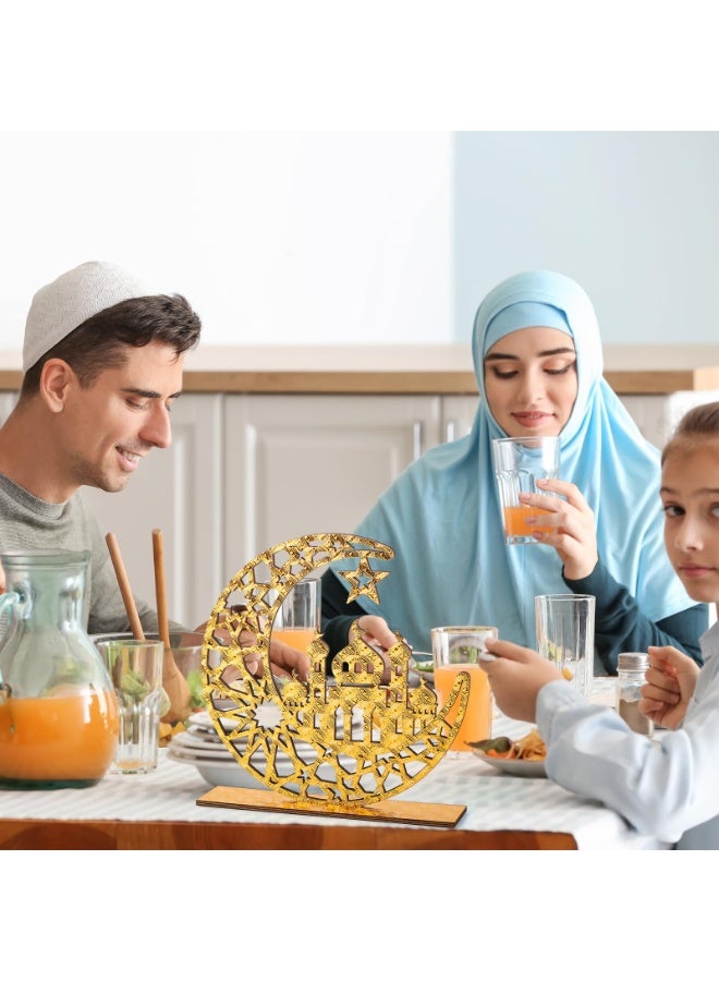 Chielor 2 Pieces Wood Ramadan Decorations Table Sign, Eid Mubarak Kareem Table Sign Moon Hollow Star Ornament for Muslim Party Tabletop Decor Home Art Craft Decoration Golden Moon Tabletop Decor - Image 5
