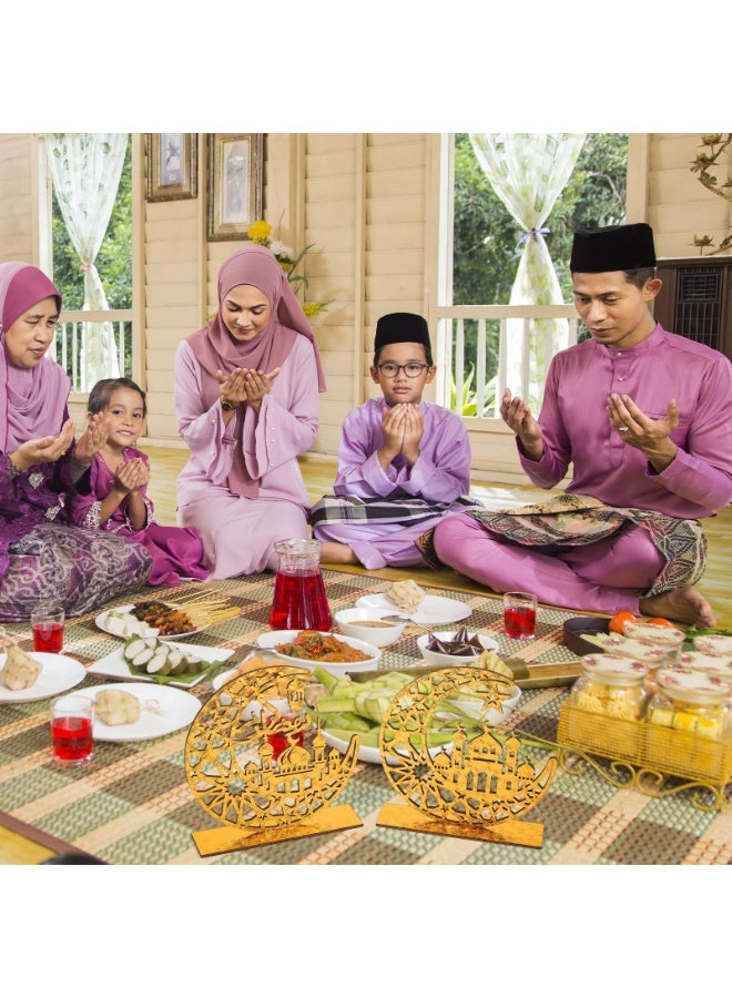 Chielor 2 Pieces Wood Ramadan Decorations Table Sign, Eid Mubarak Kareem Table Sign Moon Hollow Star Ornament for Muslim Party Tabletop Decor Home Art Craft Decoration Golden Moon Tabletop Decor - Image 3