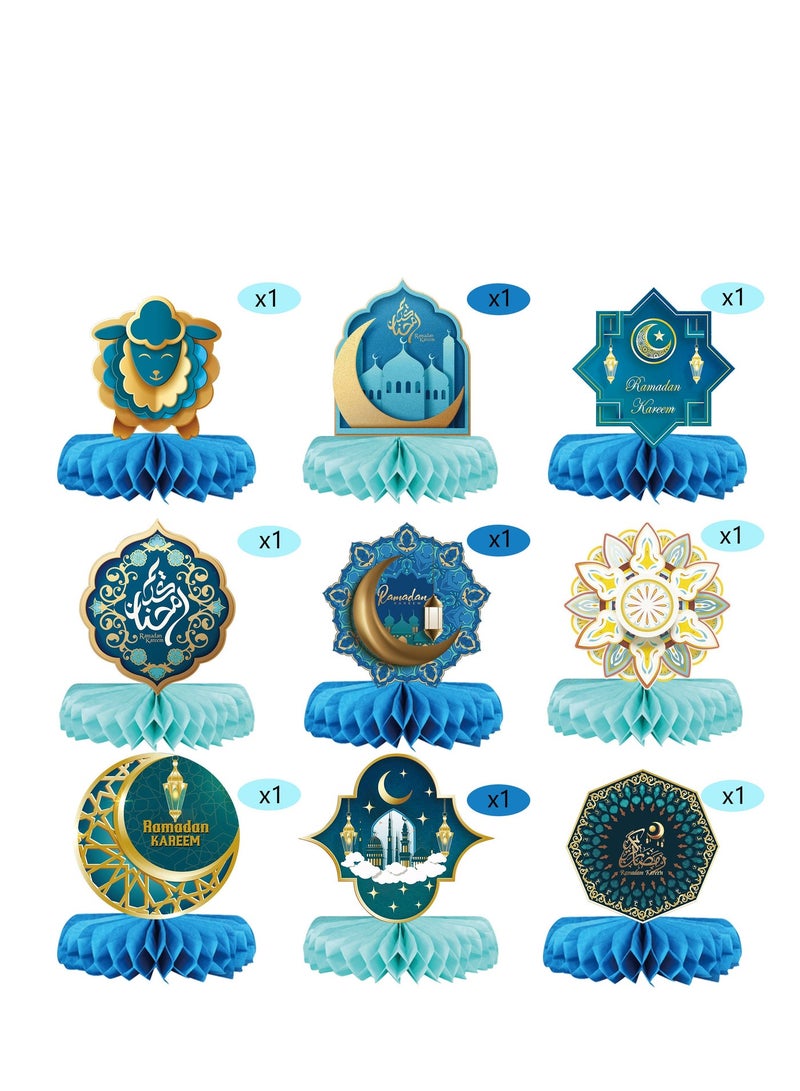 Y&D 9-Pack Ramadan Kareem Paper Honeycomb Decorations | Eid Mubarak Festive Table Centerpieces | Collapsible Blue & Gold Props for Ramadan Holiday Home & Party Celebration Decor - Image 3