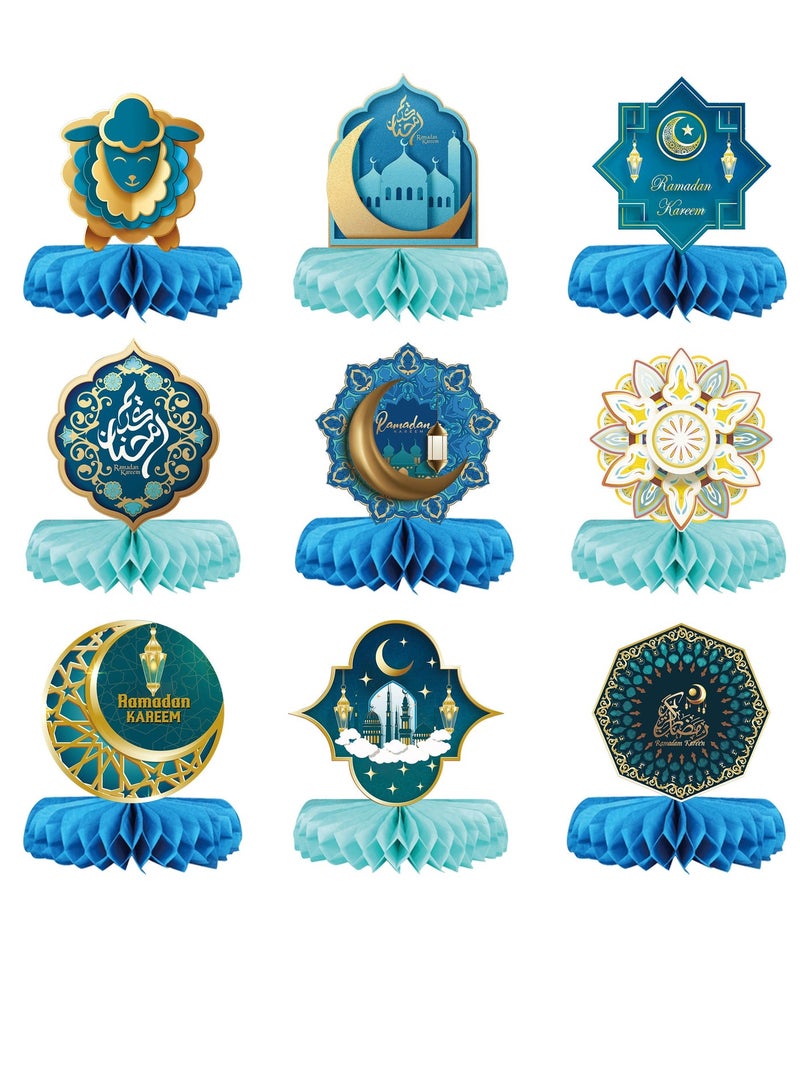 Y&D 9-Pack Ramadan Kareem Paper Honeycomb Decorations | Eid Mubarak Festive Table Centerpieces | Collapsible Blue & Gold Props for Ramadan Holiday Home & Party Celebration Decor - Image 2