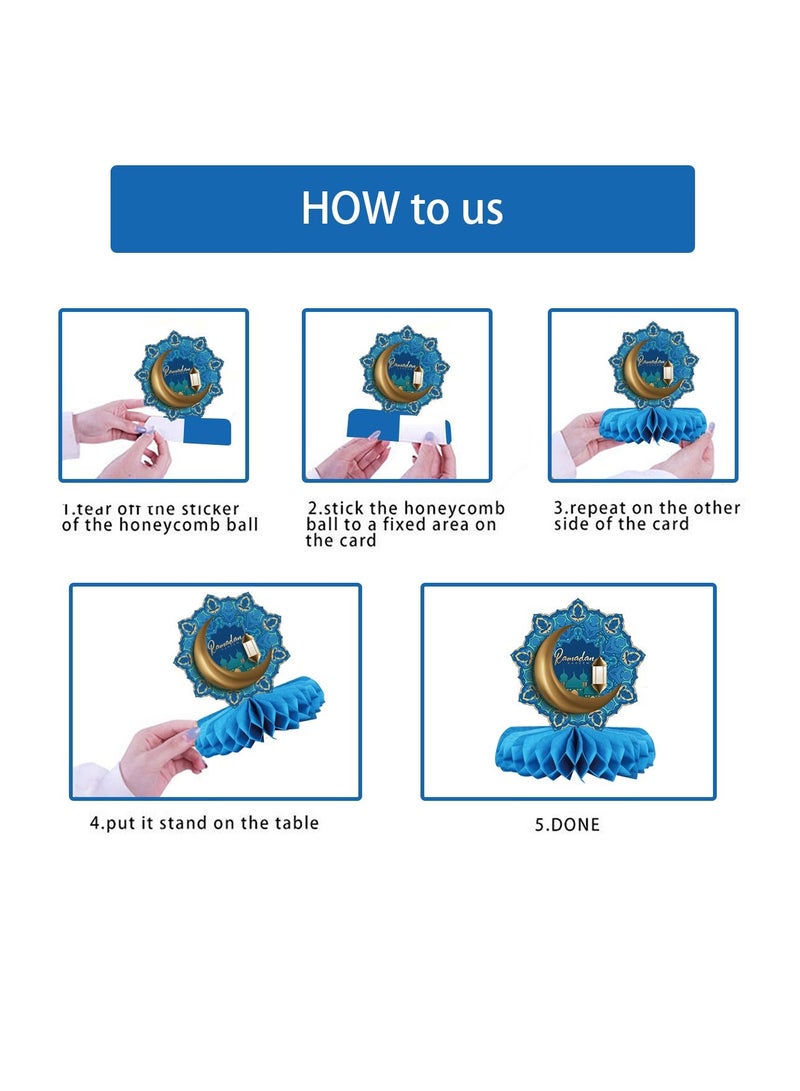 Y&D 9-Pack Ramadan Kareem Paper Honeycomb Decorations | Eid Mubarak Festive Table Centerpieces | Collapsible Blue & Gold Props for Ramadan Holiday Home & Party Celebration Decor - Image 5