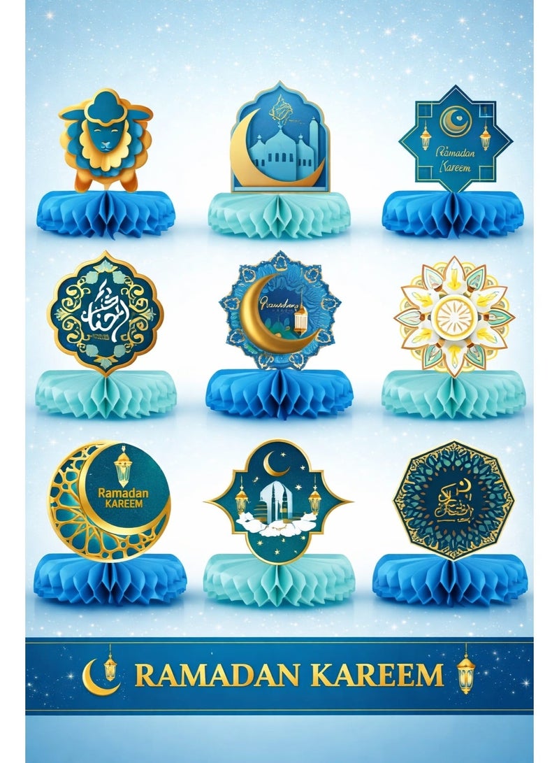 واي آند دي 9 عبوات من زينة رمضان كريم الورقية على شكل خلية نحل | زينة طاولة العيد المبارك | زينة قابلة للطي باللونين الأزرق والذهبي للاحتفال بعيد رمضان في المنزل والحفلات - Image 1