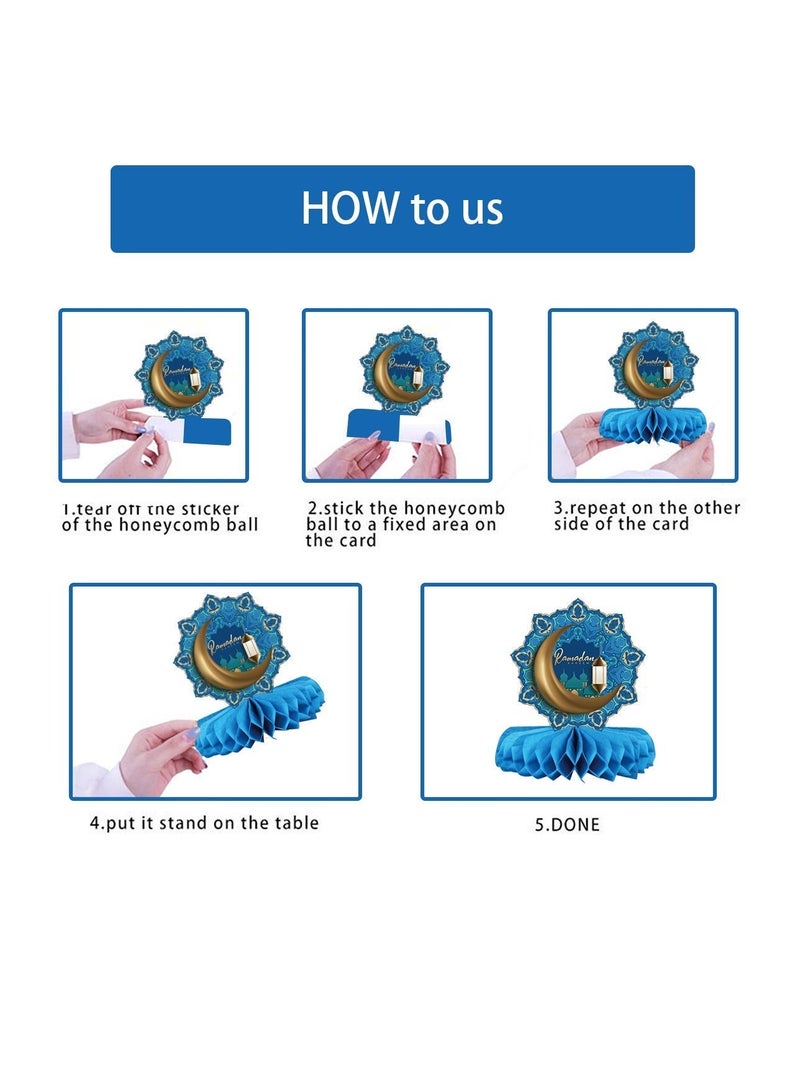 واي آند دي 9 عبوات من زينة رمضان كريم الورقية على شكل خلية نحل | زينة طاولة العيد المبارك | زينة قابلة للطي باللونين الأزرق والذهبي للاحتفال بعيد رمضان في المنزل والحفلات - Image 5