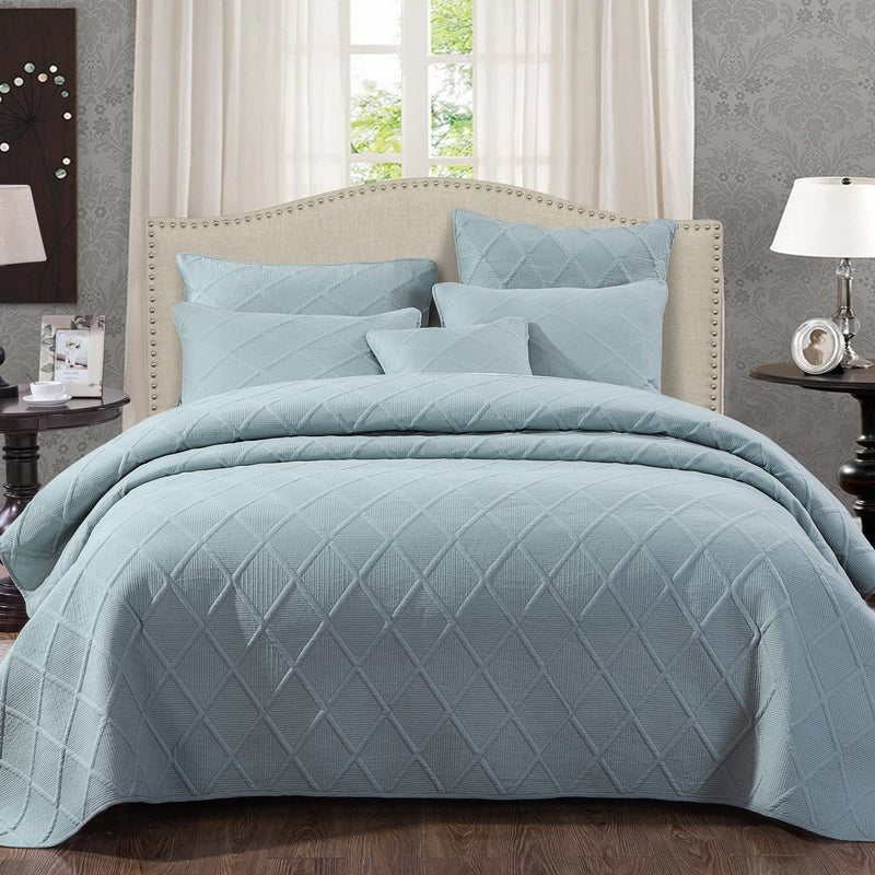 Tache Home Fashion Tache Solid Seafoam Blue Green Soothing Pastel Soft Cotton Geometric Diamond Stitch Pattern Lightweight Quilted Bedspread 3 Piece Set California King 