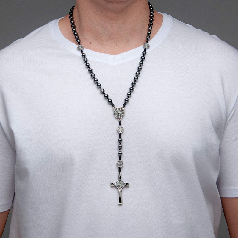 Intercession Hematite Rosary - Made in Brazil (St Benedict - On Cord - 8mm Beads) - Image 2