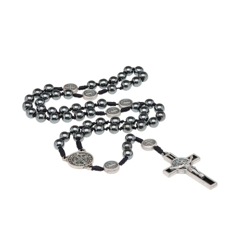 Intercession Hematite Rosary - Made in Brazil (St Benedict - On Cord - 8mm Beads) - Image 4