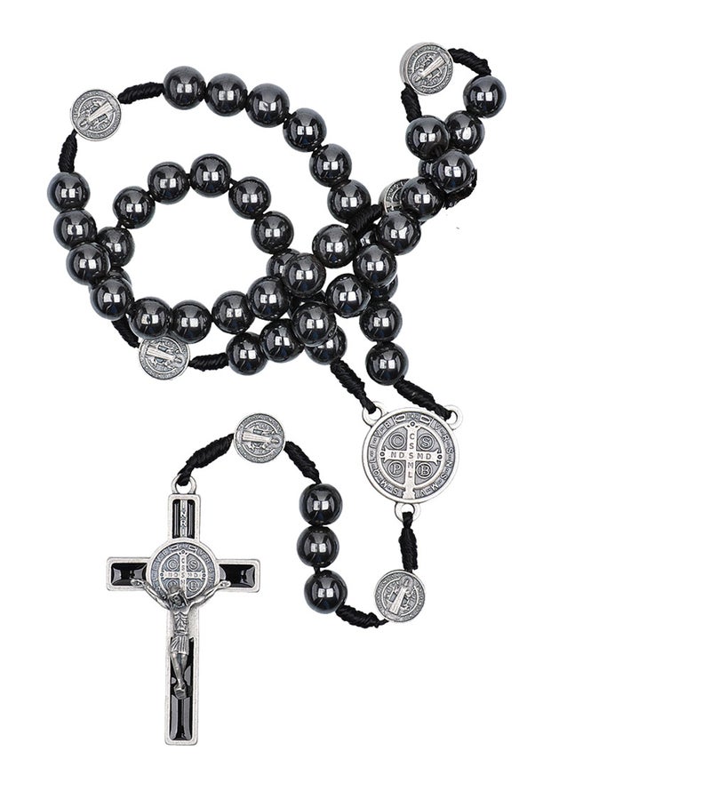 Intercession Hematite Rosary - Made in Brazil (St Benedict - On Cord - 8mm Beads) - Image 1
