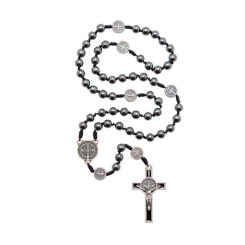 Intercession Hematite Rosary - Made in Brazil (St Benedict - On Cord - 8mm Beads) - Image 3