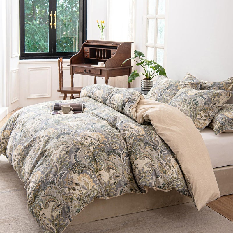 ALEISSEL 100% Natural Cotton 3pcs Duvet Cover Sets-Beige Duvet Cover with Luxurious Green, Gray & Yellow Leaves Patterns,Reversible Botanical Comforter Cover Sets with Button Closure(Queen,Paisley - Image 2