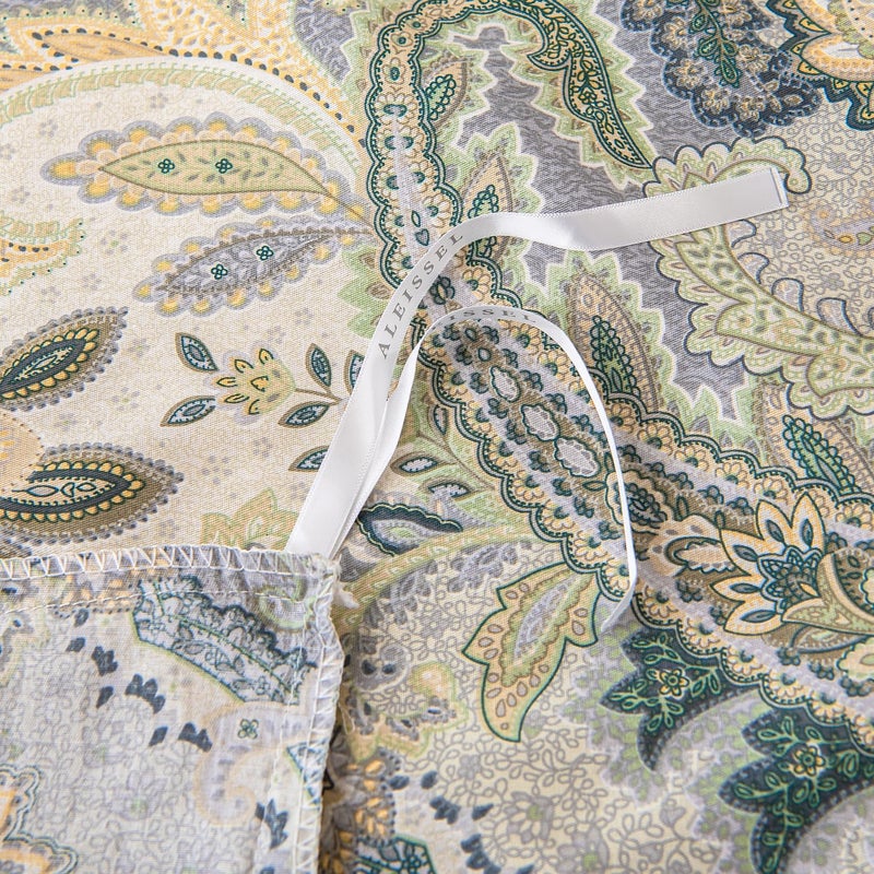 ALEISSEL 100% Natural Cotton 3pcs Duvet Cover Sets-Beige Duvet Cover with Luxurious Green, Gray & Yellow Leaves Patterns,Reversible Botanical Comforter Cover Sets with Button Closure(Queen,Paisley - Image 4