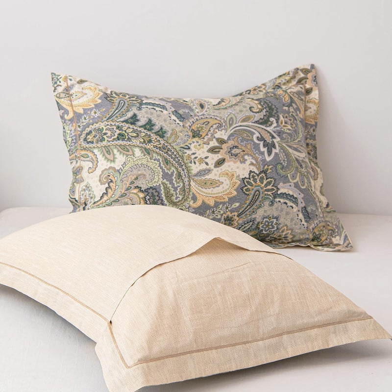 ALEISSEL 100% Natural Cotton 3pcs Duvet Cover Sets-Beige Duvet Cover with Luxurious Green, Gray & Yellow Leaves Patterns,Reversible Botanical Comforter Cover Sets with Button Closure(Queen,Paisley - Image 3
