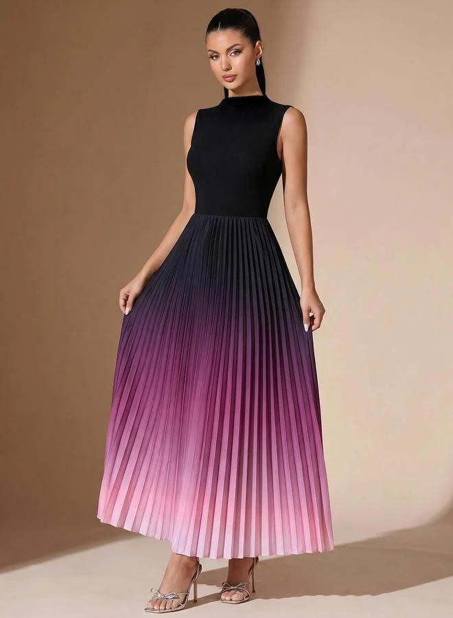 Styli Black Ombre Pleated A-Line Maxi Dress