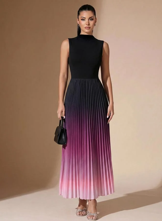 Styli Black Ombre Pleated A-Line Maxi Dress