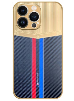 iPhone 13 Pro Luxury Gold Plated Case Hybrid Electroplated Frame Back Cover with Carbon Fiber Texture Blue