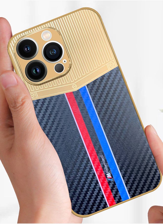 JOWAY - iPhone 13 Pro Luxury Gold Plated Case Hybrid Electroplated Frame Back Cover with Carbon Fiber Texture Blue - Image 1