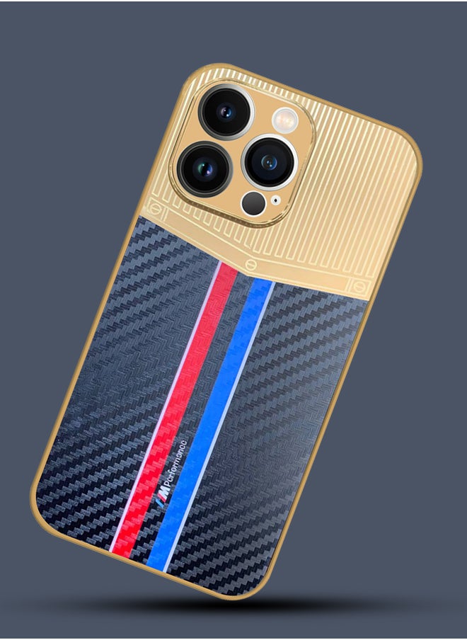 JOWAY - iPhone 13 Pro Luxury Gold Plated Case Hybrid Electroplated Frame Back Cover with Carbon Fiber Texture Blue - Image 1
