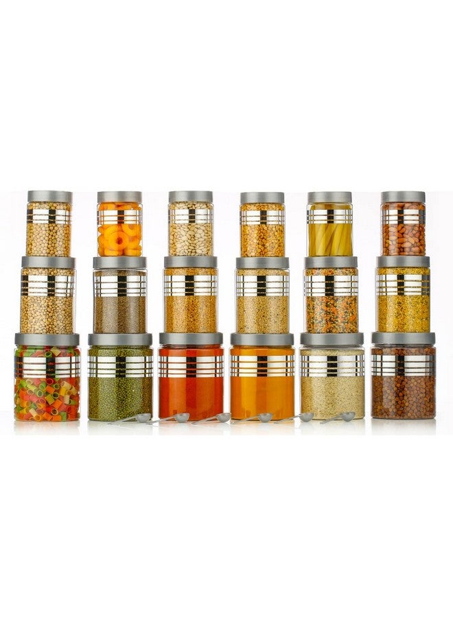 HAPPI Multipurpose Unbreakable Plastic Printed Silver Line Container Set Masala Box For Kitchen Storage Box For Spice, Pack of 18 (6 Pcs of Each 350ml, 650ml, 1200ml with 18 Spoons) - Image 1