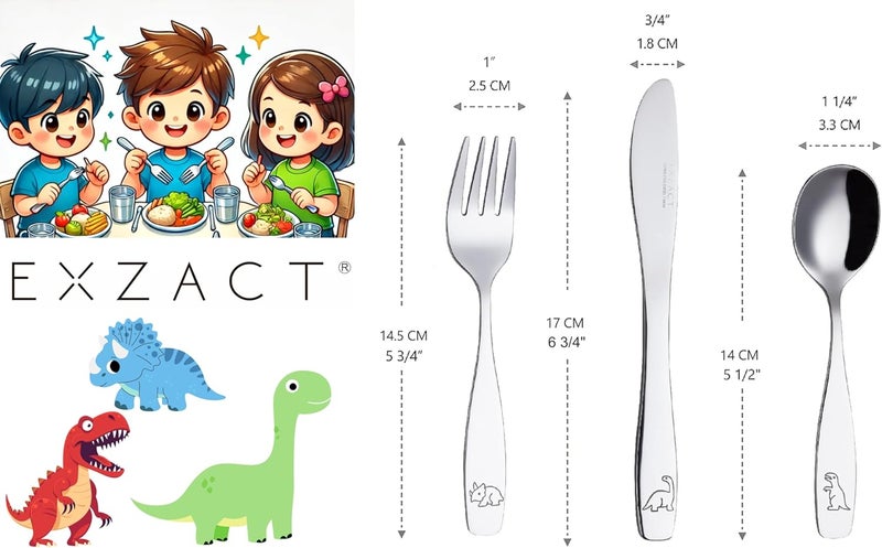Exzact أدوات مائدة للأطفال إكزاكت 6 قطع من الفولاذ المقاوم للصدأ، أدوات مائدة فضية للأطفال 2 شوكة 2 سكين 2 ملعقة، أدوات للأطفال آمنة في غسالة الصحون، 24 شهرًا، مزخرفة بالديناصورات - Image 3