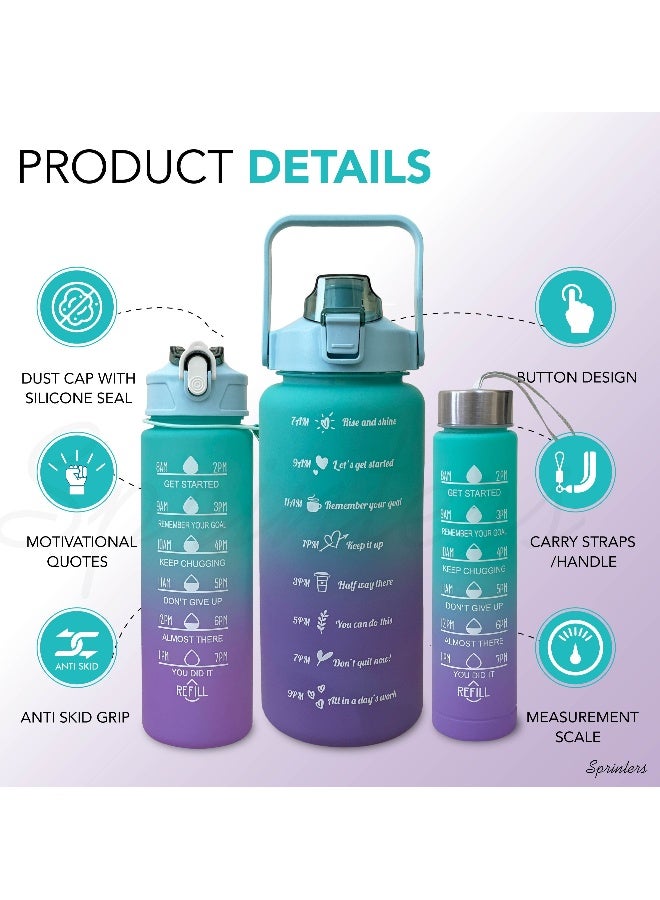 Generic - Large 2 Liters 64Oz Bpa Free Multicolor Water Bottle - Leak Proof With Straw, Motivational Quote And Time Marker, Anti Slip For Sports,Fitness, Gym (Green/Purple Pack Of 3) - Image 2