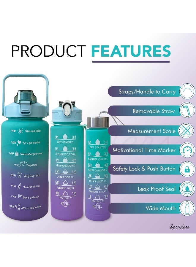Generic - Large 2 Liters 64Oz Bpa Free Multicolor Water Bottle - Leak Proof With Straw, Motivational Quote And Time Marker, Anti Slip For Sports,Fitness, Gym (Green/Purple Pack Of 3) - Image 3