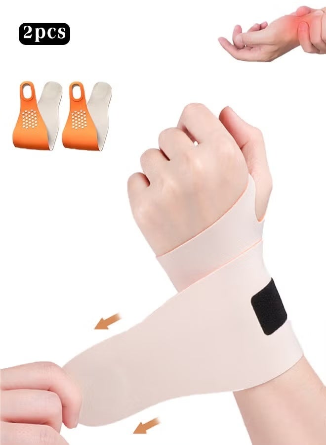 2 PCS Ultra Thin Wrist Brace for Carpal Tunnel, Massage with Raised Spots Elastic Wrist Wraps for Arthritis and Tendonitis, Wrist Straps Support, Pain Relief, Compression and Support for Fitness Enthusiasts (Beige Orange) - Image 1