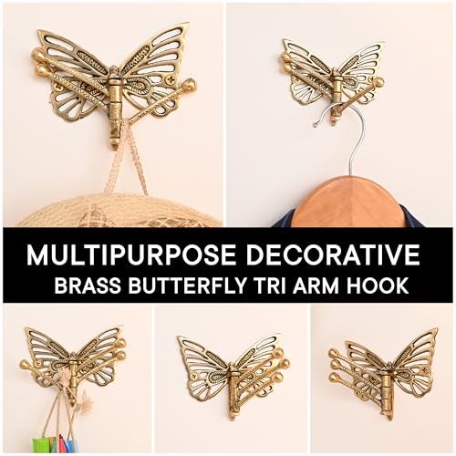 Indian-Shelf Indian Shelf Brass Butterfly Swivel Tri Arm Hook Foldable Decorative Wall Hooks 3 Prong Wall Hooks Vintage Towel Hooks Gold Coat Hooks Robe Hook Folding Coat Hooks Hangers - Image 2