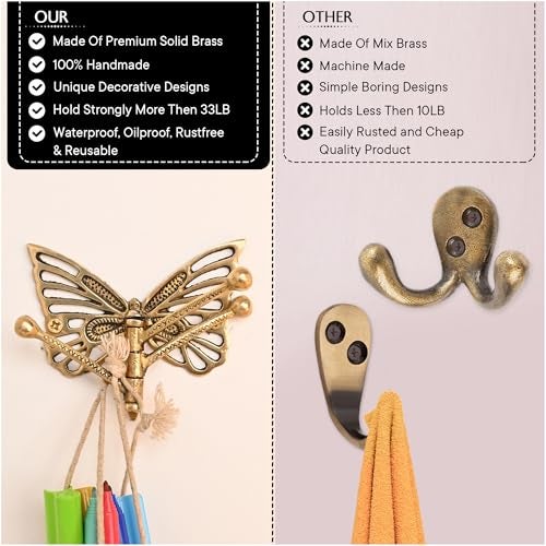 Indian-Shelf Indian Shelf Brass Butterfly Swivel Tri Arm Hook Foldable Decorative Wall Hooks 3 Prong Wall Hooks Vintage Towel Hooks Gold Coat Hooks Robe Hook Folding Coat Hooks Hangers - Image 4