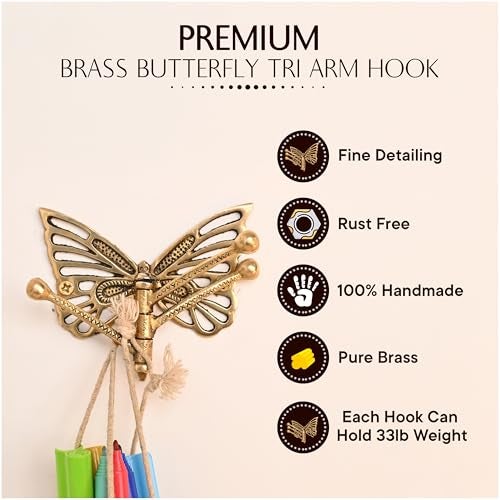 Indian-Shelf Indian Shelf Brass Butterfly Swivel Tri Arm Hook Foldable Decorative Wall Hooks 3 Prong Wall Hooks Vintage Towel Hooks Gold Coat Hooks Robe Hook Folding Coat Hooks Hangers - Image 5