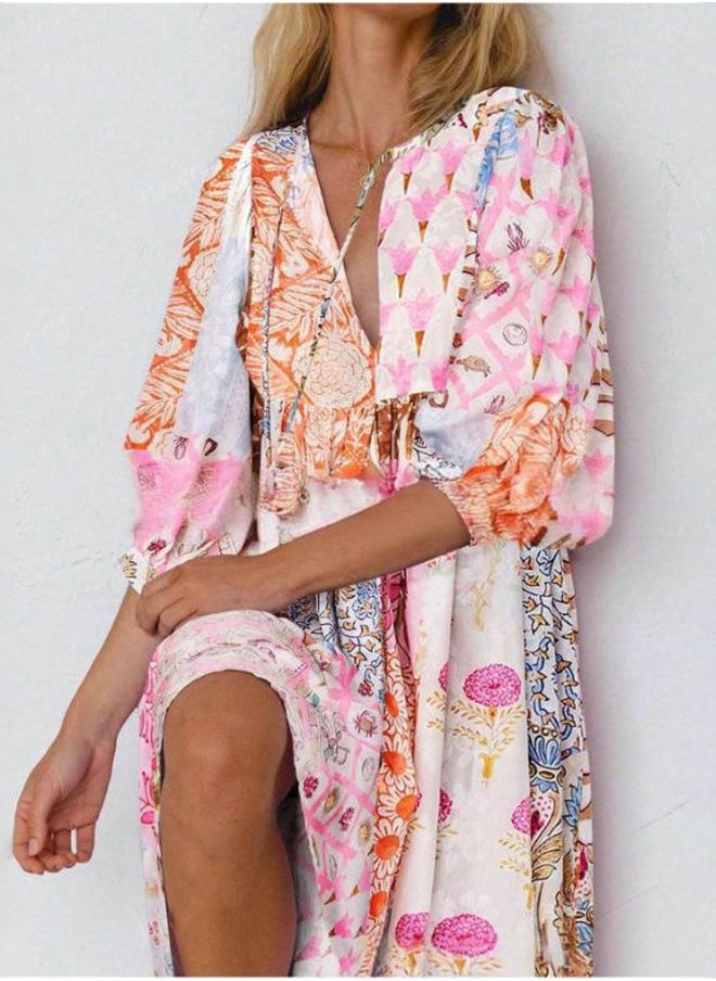 Tepveisoy Women's Summer Floral Print Loose Sundress Half Sleeve Beach Flowing Bohemian Maxi Dress  - Image 2
